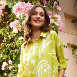 Lime Green Floral Printed Linen Shirt