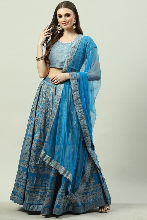 Turquoise Art Silk Straight Kurta Lehenga Suit Set