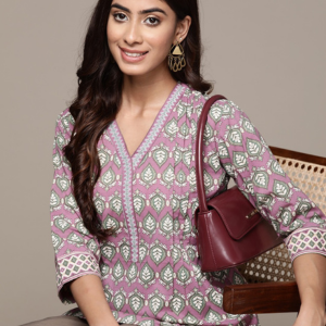 V-Neck Pure Cotton Pleated Kurti