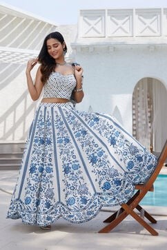 White Blue Cotton Straight Lehenga Set