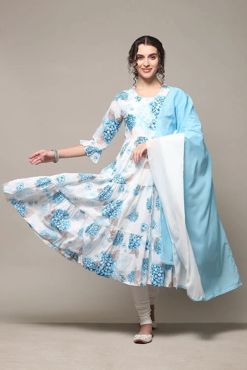 White &Blue Cotton Anarkali Kurta Churidar Suit Set