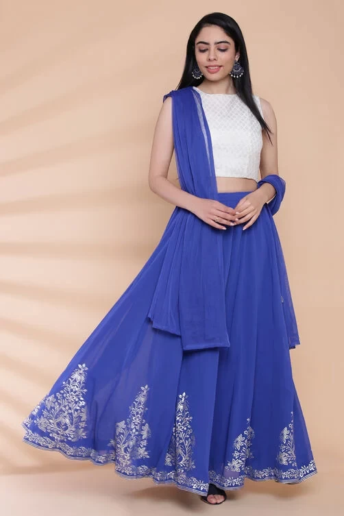 White Blue Cotton Straight Lehenga Set